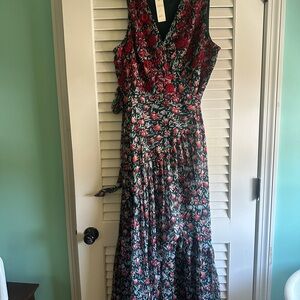 Ranna Gill Anthropologie Red and Green Floral Wrap Dress Beaded Embroidery Neck